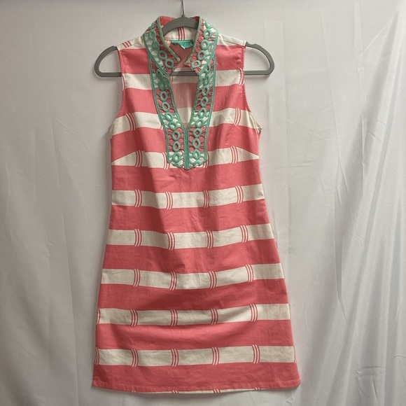 SAIL TO SABLE STS Sleeveless Embroidered V-Neck Dress Pink/White Stripe Small - Picture 2 of 6